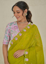 Ichika Tissue Saree Blouse Set - Lime Green