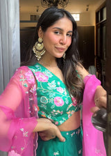 Seri Applique Lehenga Set - Emerald Green - WITH PINK DUPATTA