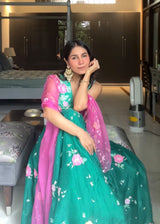 Seri Applique Lehenga Set - Emerald Green - WITH PINK DUPATTA