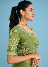 NELLI SAREE BLOUSE SET - OLIVE GREEN