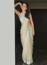 DIVYA KHOSLA IN OUR INEJ ICHIKA SLEEVELESS SAREE BLOUSE SET - SAGE GREEN