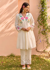 Zia Gathered Short Kurta Set - Cream