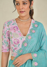Ichika Tissue Saree Blouse Set- Turquoise