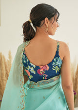 Nargis Saree Pebble Blue Fiza Blouse - Aqua Blue