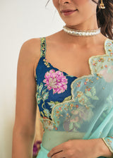 Nargis Saree Pebble Blue Fiza Blouse - Aqua Blue
