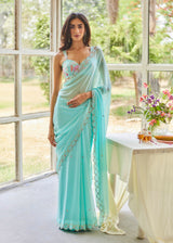 AKIRA GEORGETTE SAREE RUNA BLOUSE SET - AQUA BLUE