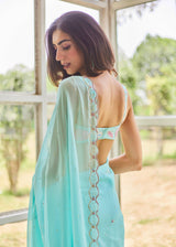 AKIRA GEORGETTE SAREE RUNA BLOUSE SET - AQUA BLUE