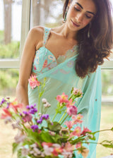 AKIRA GEORGETTE SAREE RUNA BLOUSE SET - AQUA BLUE