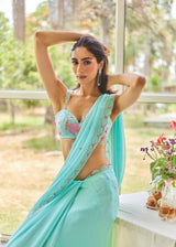 AKIRA GEORGETTE SAREE RUNA BLOUSE SET - AQUA BLUE