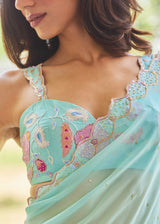 AKIRA GEORGETTE SAREE RUNA BLOUSE SET - AQUA BLUE