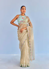 DIVYA KHOSLA IN OUR INEJ ICHIKA SLEEVELESS SAREE BLOUSE SET - SAGE GREEN