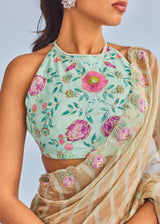 DIVYA KHOSLA IN OUR INEJ ICHIKA SLEEVELESS SAREE BLOUSE SET - SAGE GREEN