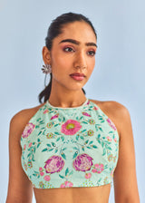 DIVYA KHOSLA IN OUR INEJ ICHIKA SLEEVELESS SAREE BLOUSE SET - SAGE GREEN