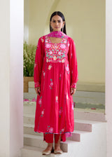 FREYA PANELLED KURTA SET-VERMILION RED