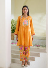 JEHAN GATHERED KURTA SET-TANGERINE ORANGE