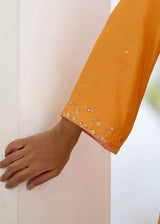 JEHAN GATHERED KURTA SET-TANGERINE ORANGE
