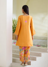 JEHAN GATHERED KURTA SET-TANGERINE ORANGE