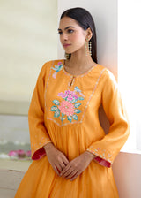 JEHAN GATHERED KURTA SET-TANGERINE ORANGE