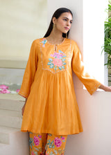 JEHAN GATHERED KURTA SET-TANGERINE ORANGE