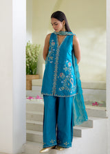 SORIN SLEEVELESS KURTA SET-PEACOCK BLUE