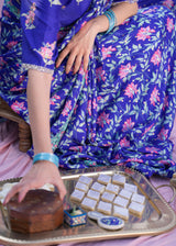 LEAF LACE BORDER SAREE BLOUSE SET - AZURE BLUE