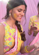 Colourblock Cheenth Saree Blouse Set - Yellow Pink