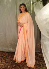 Printed Scallop Border Saree - Peach