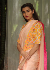 Printed Scallop Border Saree - Peach