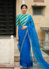Roshni Chopra in our Cobalt Blue Kanguri Scallop Saree Blouse Set