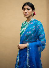 Kanguri Scallop Saree Green Tircha Blouse Set - Cobalt Blue