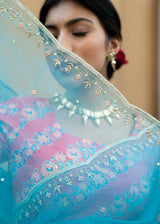 Kanguri Scallop Saree Red Tircha Blouse Set - Cadet Blue