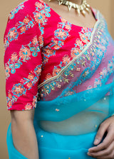 Kanguri Scallop Saree Red Tircha Blouse Set - Cadet Blue