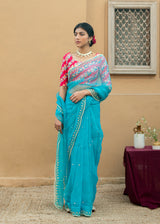 Kanguri Scallop Saree Red Tircha Blouse Set - Cadet Blue
