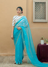 Kanguri Scallop Saree White Tircha Blouse Set - Cadet Blue