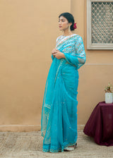 Kanguri Scallop Saree White Tircha Blouse Set - Cadet Blue