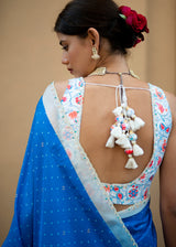 Varg Printed Saree Sleeveless Blouse Set - Cobalt Blue