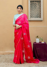 Circle Bootah Saree Sky Blue Dhaari Blouse Set - Red