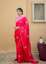 Circle Bootah Saree Red Dhaari Blouse Set - Red
