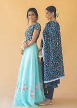 Tile Applique Organza Lehenga Set - Aqua Blue