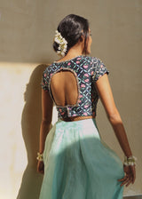 Tile Applique Organza Lehenga Set - Aqua Blue