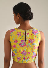 Colourblock Cheenth Saree Blouse Set - Yellow Pink