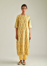 Mughal Kurta Printed Scallop Dupatta Set - Yellow
