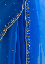 Kanguri Scallop Saree White Tircha Blouse Set - Cobalt Blue