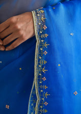 Kanguri Scallop Saree White Tircha Blouse Set - Cobalt Blue