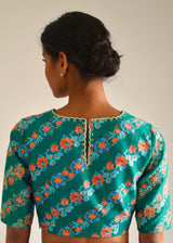 Kanguri Scallop Saree Green Tircha Blouse Set - Cobalt Blue