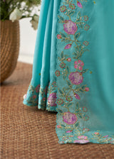 Protea Saree Cluster Blouse Set - Turquoise Blue