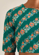 Kanguri Scallop Saree Green Tircha Blouse Set - Cobalt Blue