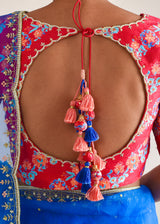 Kanguri Scallop Saree Red Tircha Blouse Set - Cobalt Blue