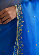 Kanguri Scallop Saree Red Tircha Blouse Set - Cobalt Blue