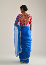 Kanguri Scallop Saree Red Tircha Blouse Set - Cobalt Blue